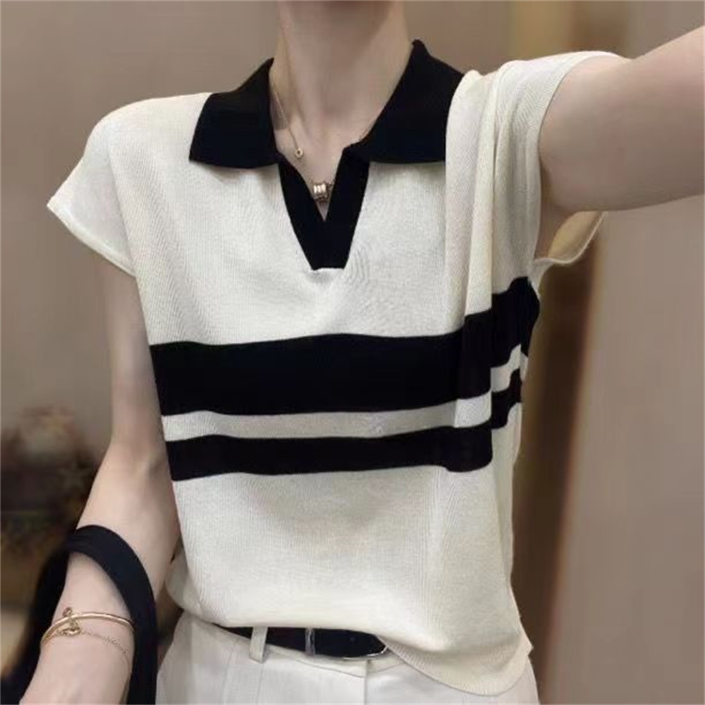Summer Clothing Yarn - Polo Neck Solid Short Sleeve Knit