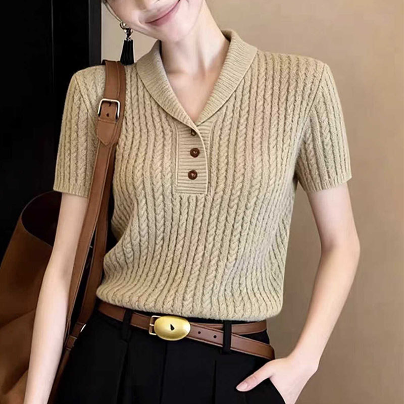 Summer Clothing Yarn - Knitted Sweater Women Pullovers Short Sleeve