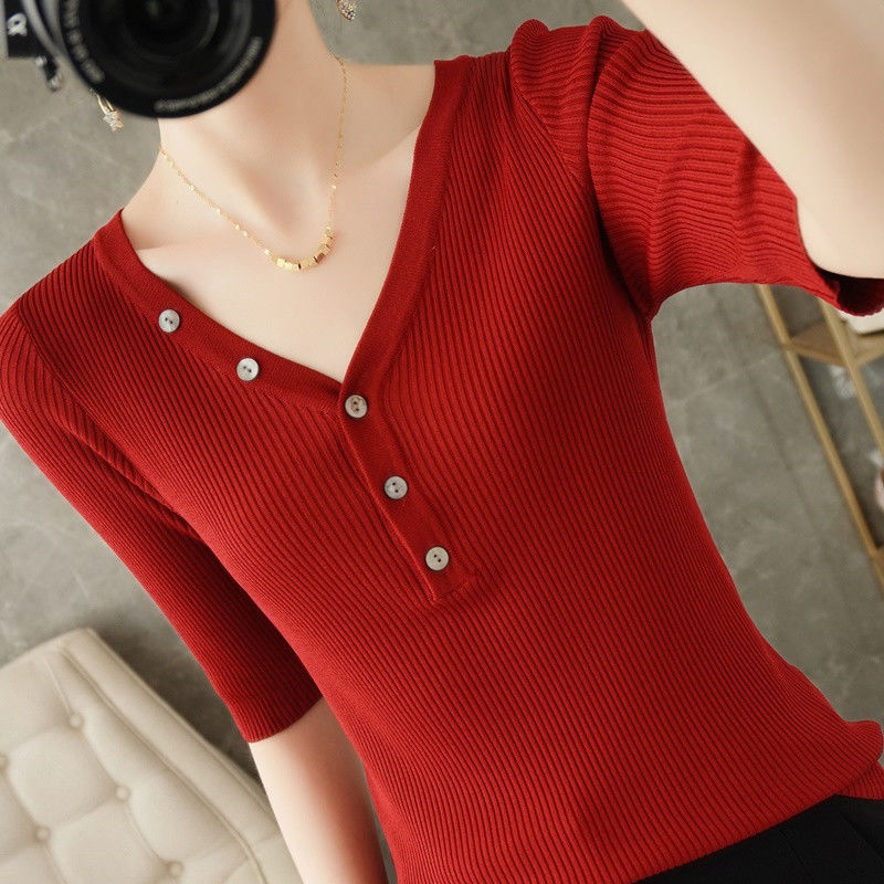 Half Sleeve V-Neck Spring Summ - Summer Clothing Yarn review and price